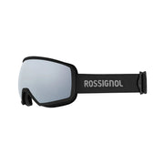 Rossignol ski goggles with a matte black frame and strap, featuring a silver mirrored lens and the Rossignol brand name printed in white on the strap.