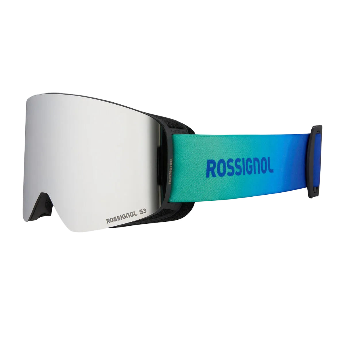 Rossignol ski goggles with a silver mirrored lens, black frame, and a vibrant blue-to-green gradient strap featuring the Rossignol logo.