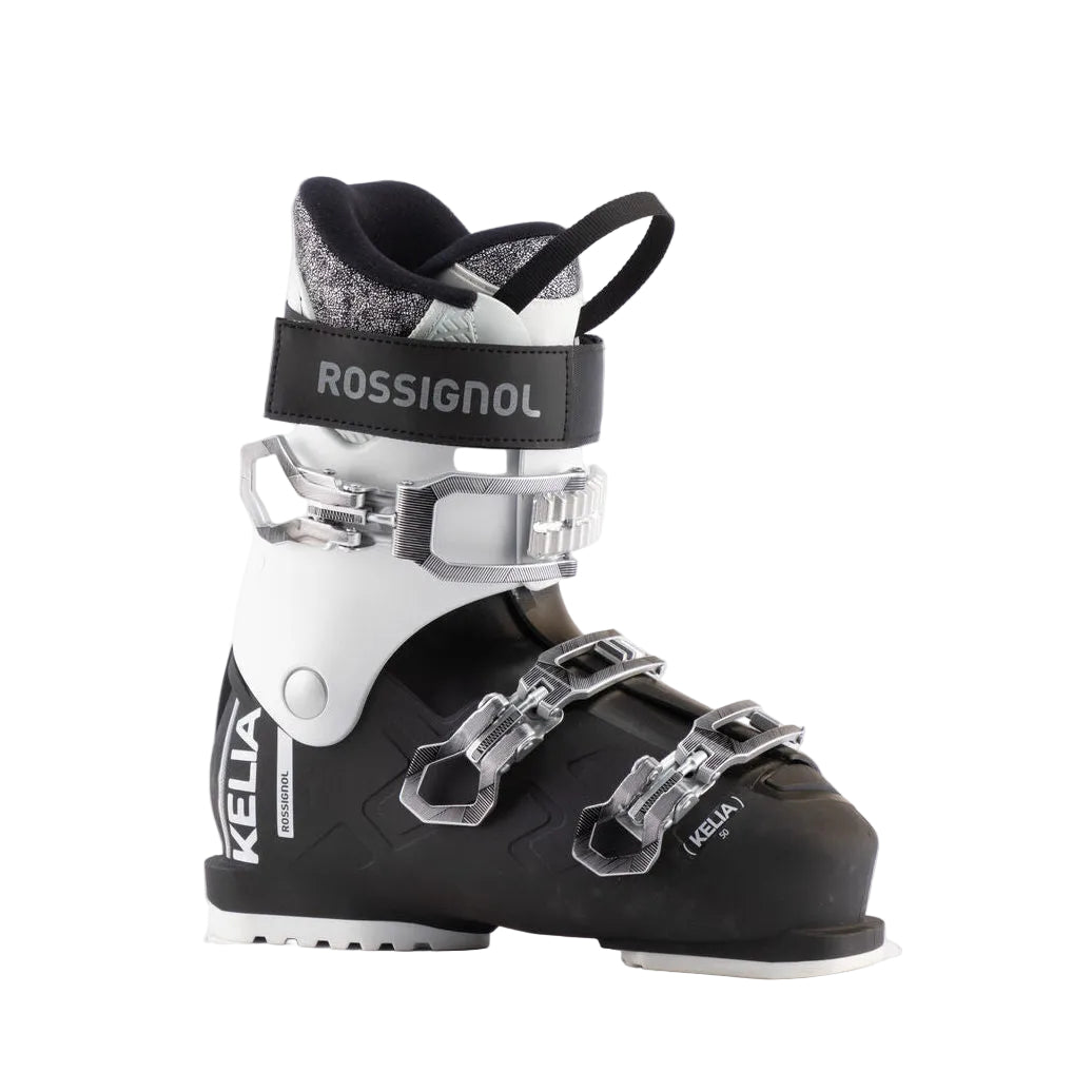 Black and white ski boot with Rossignol branding on a light gray background