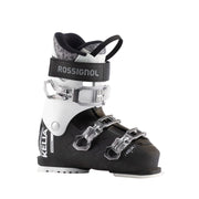 Black and white ski boot with Rossignol branding on a light gray background