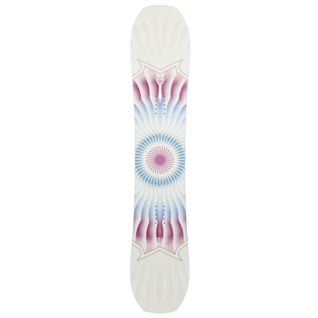 A snowboard shown from the top deck, featuring a white base with a symmetrical, psychedelic mandala-style graphic in shades of pink, purple, and blue.