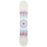 A snowboard shown from the top deck, featuring a white base with a symmetrical, psychedelic mandala-style graphic in shades of pink, purple, and blue.