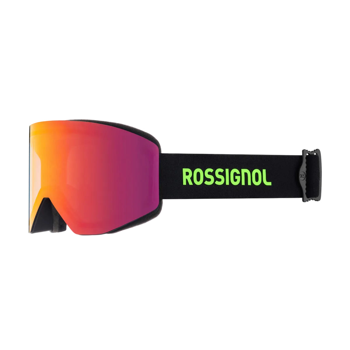 Rossignol ski goggles with red and purple lens on a white background