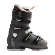 Gray ski boot with white interior and red accents on a light gray background