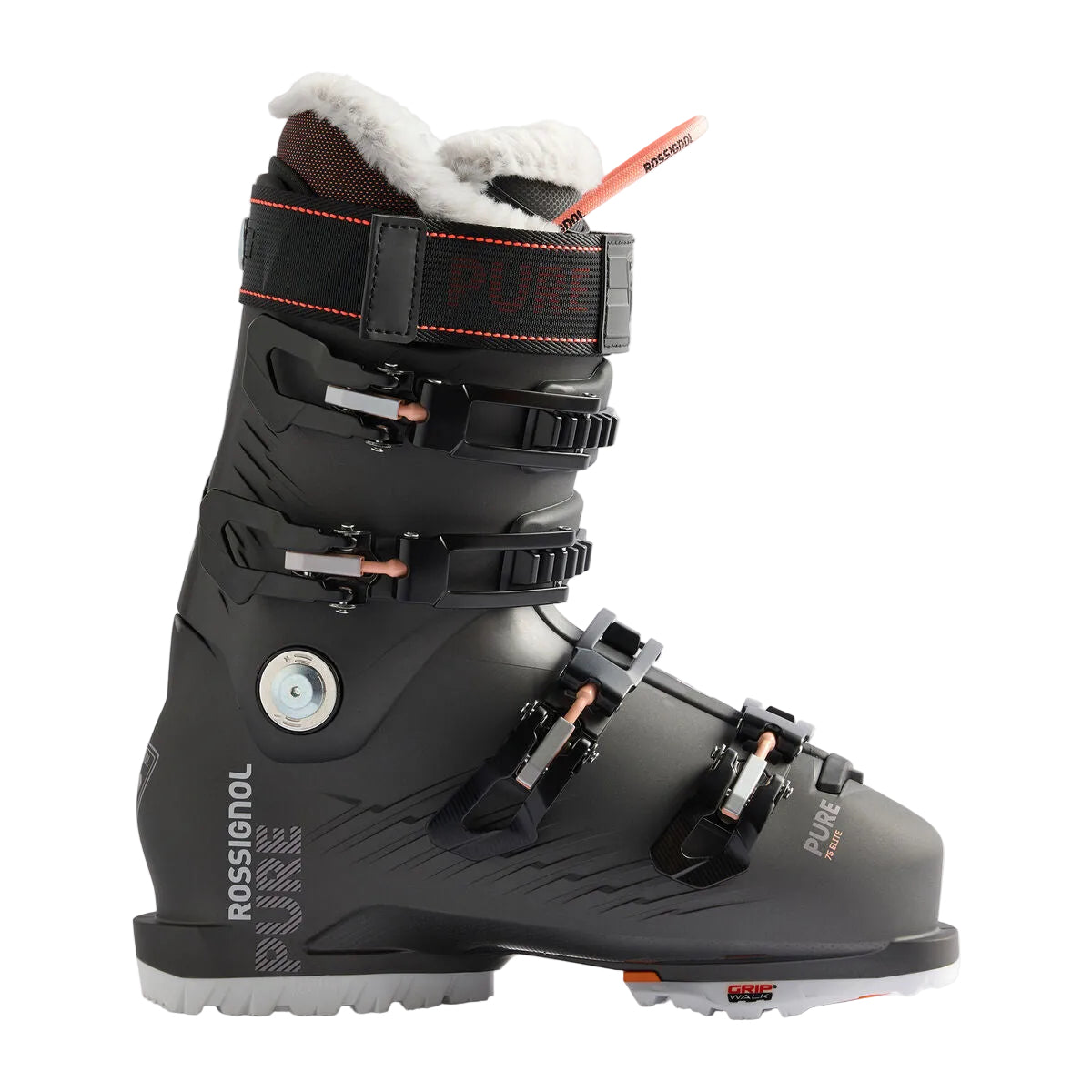 Gray ski boot with white interior and red accents on a light gray background