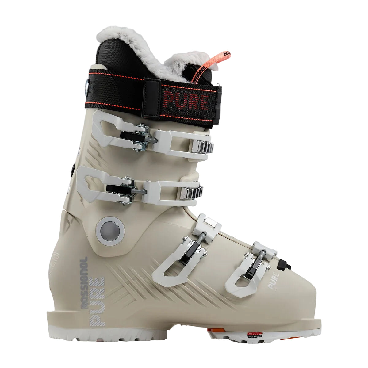 A Messhol Pure ski boot in a light beige colorway, featuring white buckles, a black ankle strap with red stitching and branding, and a white fleece lining.