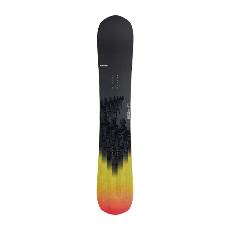 A snowboard shown vertically against a light gray gradient background. The board features a black top section with a subtle forest tree graphic, transitioning into a bright yellow and orange gradient toward the base.