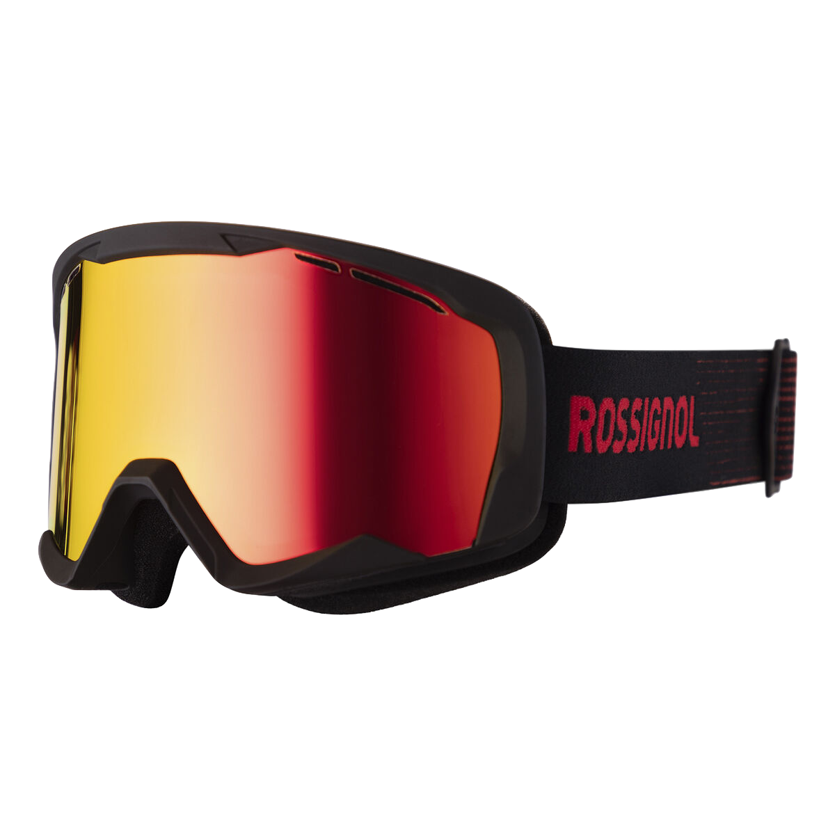 Rossignol ski goggles with a matte black frame and strap, featuring a large red-to-yellow mirrored lens and the Rossignol brand name in red on the strap.
