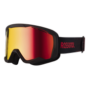 Rossignol ski goggles with a matte black frame and strap, featuring a large red-to-yellow mirrored lens and the Rossignol brand name in red on the strap.