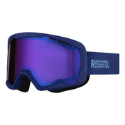 Rossignol snow goggles with a dark blue frame, a purple mirrored lens, and a matching blue strap featuring the Rossignol logo.