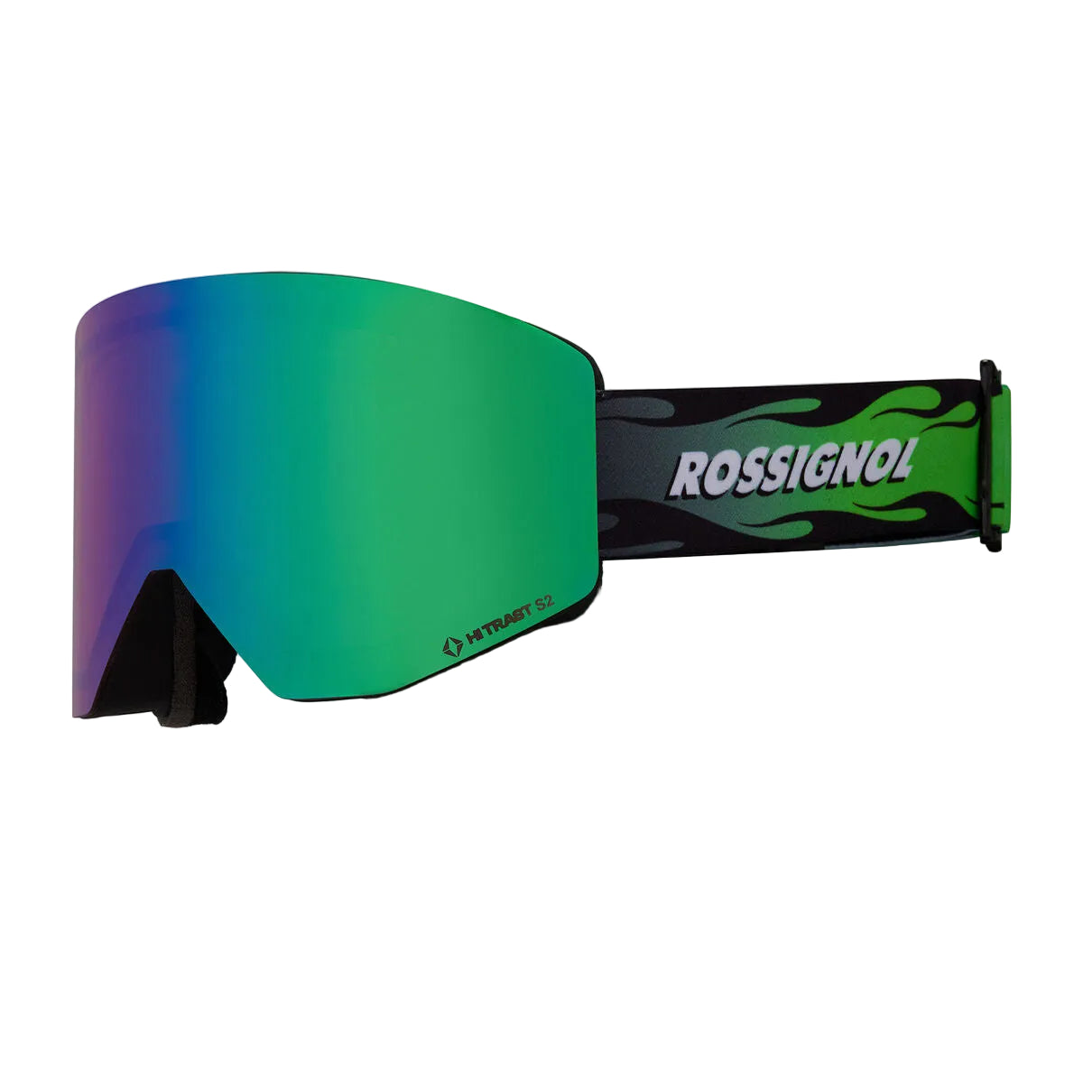 Rossignol snow goggles with a large mirrored lens showing a green-to-blue gradient, and a black strap with green flame graphics and white ROSSIGNOL branding.