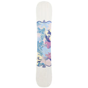 A snowboard shown from the top deck, featuring a white base with a symmetrical, mandala-like graphic in shades of pink, purple, and blue.
