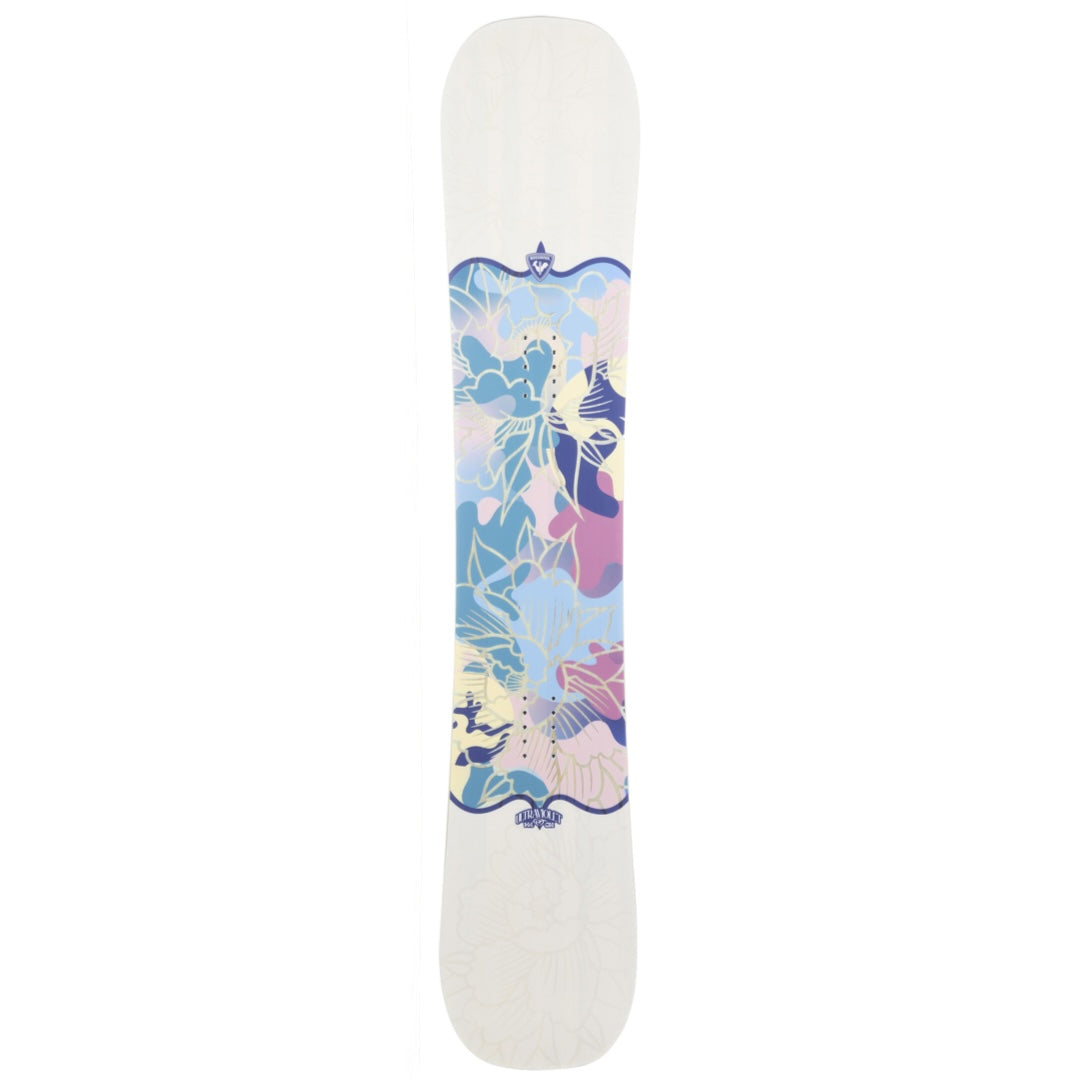 A snowboard shown from the top deck, featuring a white base with a symmetrical, mandala-like graphic in shades of pink, purple, and blue.