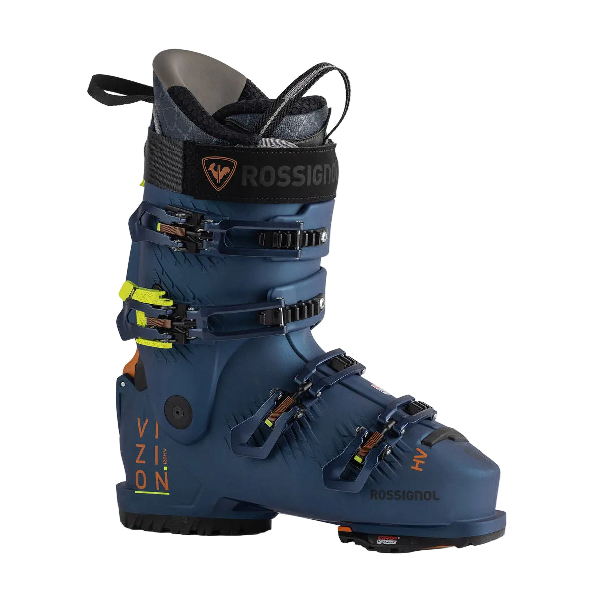 A Rossignol Vizion ski boot in navy blue, featuring multiple black buckles, bright yellow-green accent straps, and orange logo details, set against a light gray background.