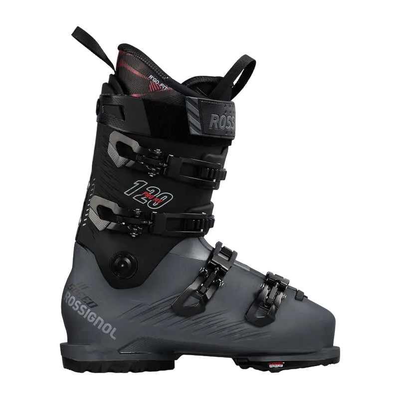 Black Rossignol ski boot on a white background