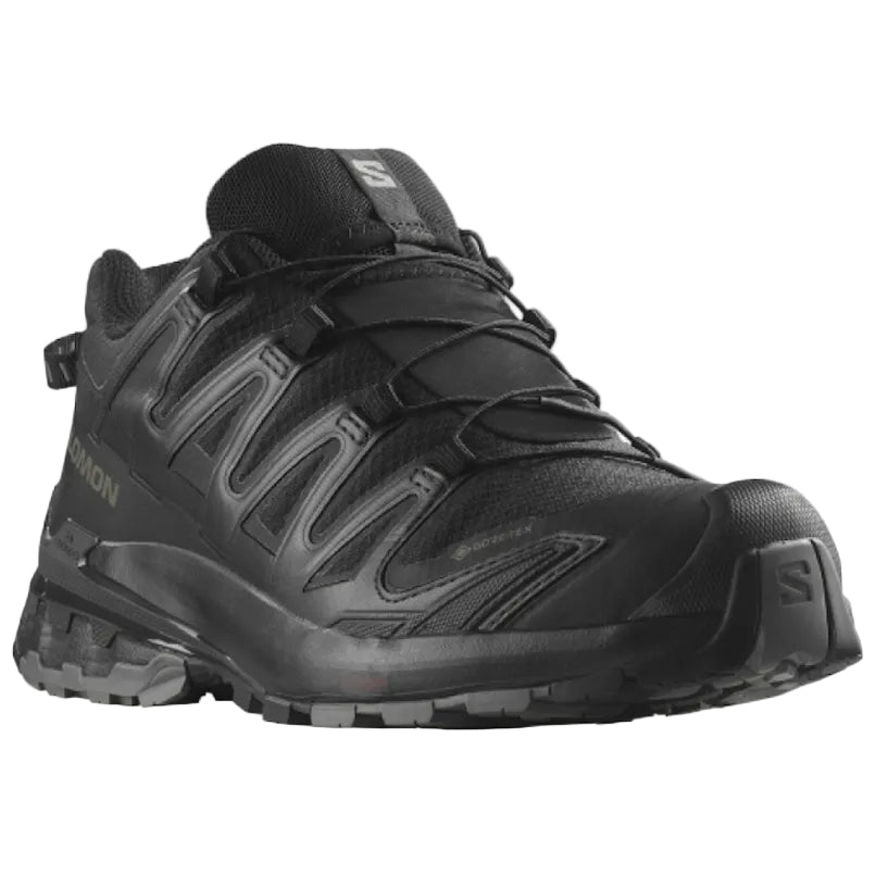 A black Salomon trail running shoe shown from a three-quarters angle against a plain white background.