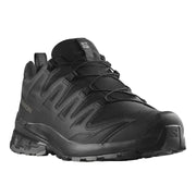 A black Salomon trail running shoe shown from a three-quarters side angle against a plain white background.