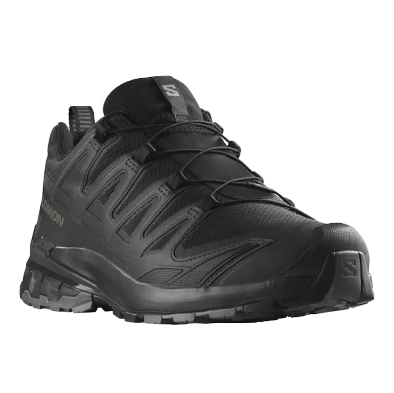 A black Salomon trail running shoe shown from a three-quarters side angle against a plain white background.