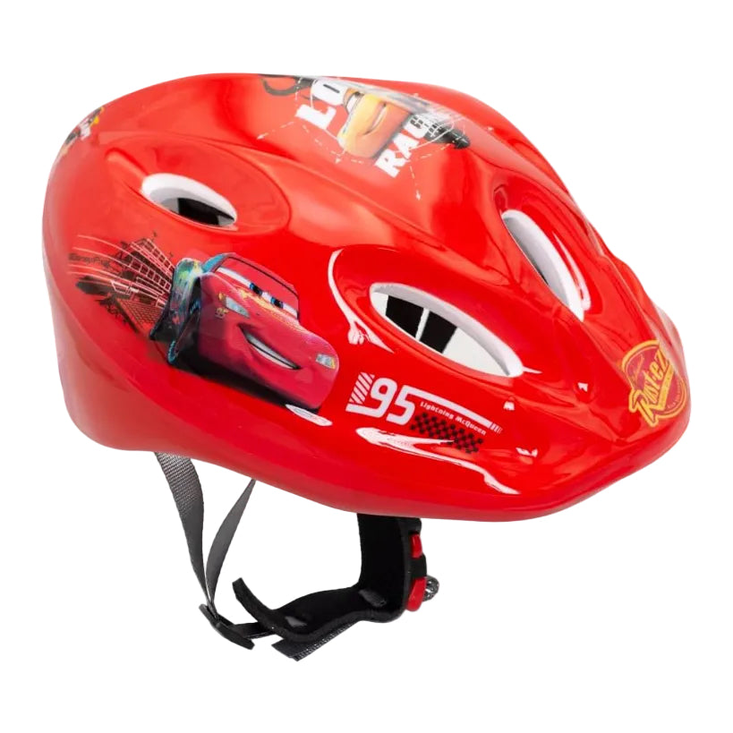 A red children's bicycle helmet featuring Lightning McQueen graphics and the number 95, with a black chin strap, shown on a white background.