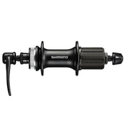 A Shimano black bicycle hub with a rear brake lever attached, shown against a plain white background.
