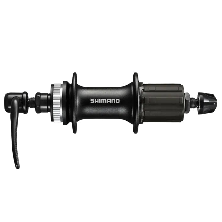A Shimano black bicycle hub with a rear brake lever attached, shown against a plain white background.