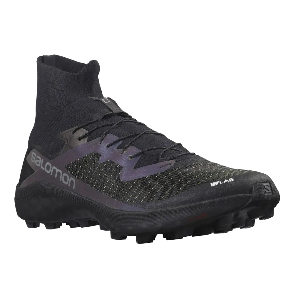 Black running shoe with visible branding on a white background