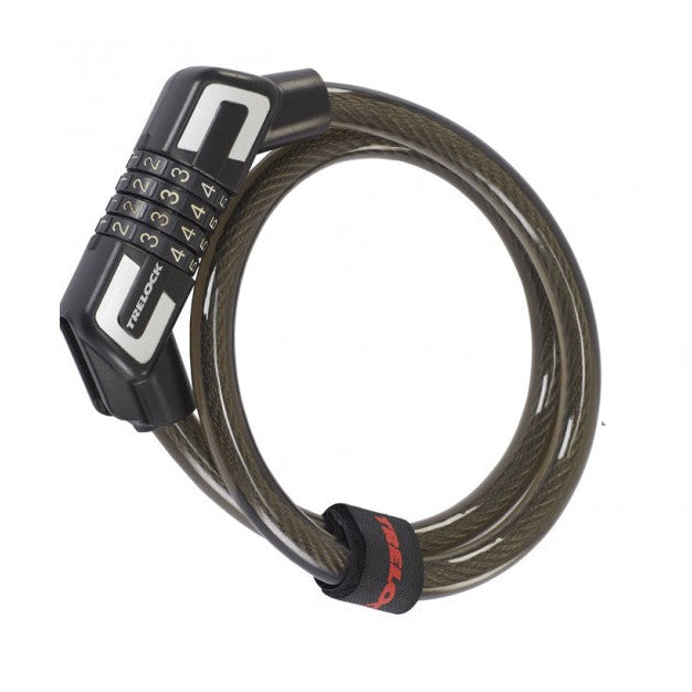 A coiled steel cable lock with a black combination lock cylinder and a black cable tie-on strap with red branding, shown on a plain white background.