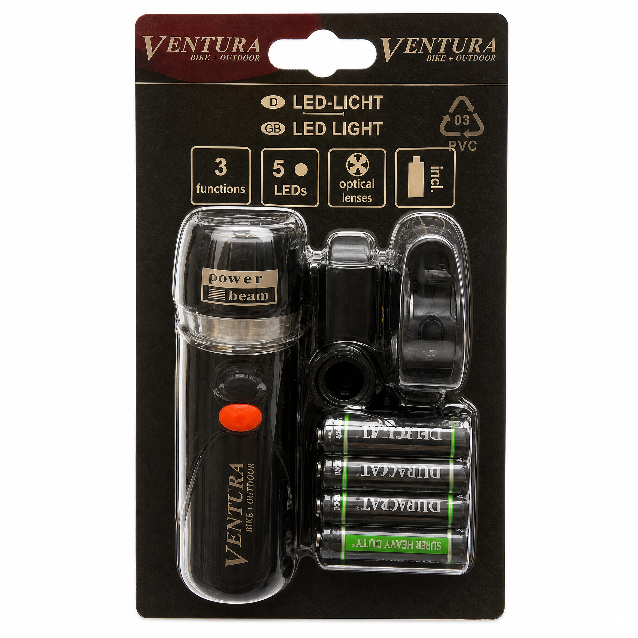 Ventura red and black LED light kit in its original retail blister packaging, featuring a power beam flashlight, a lens cover, and four Duracell batteries.