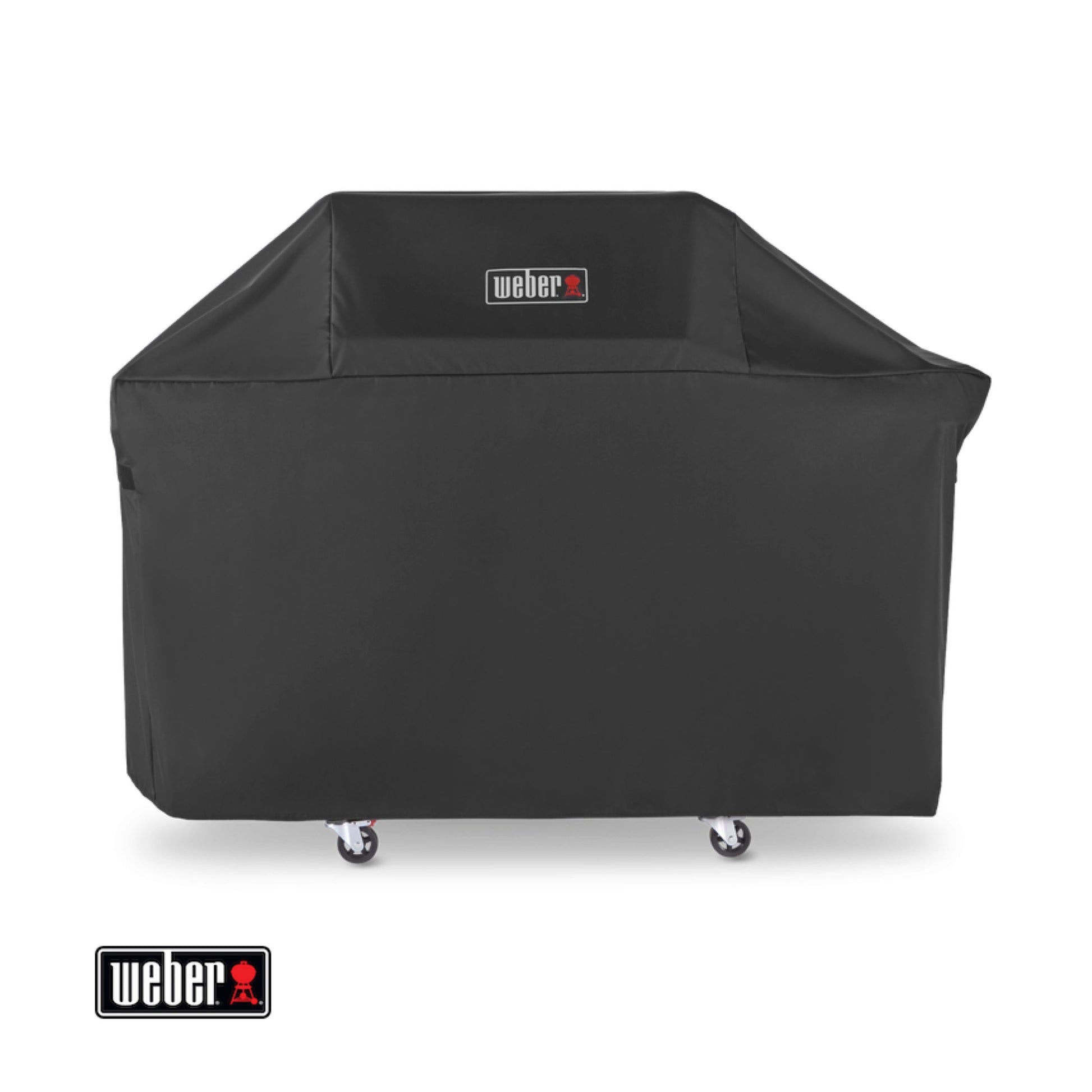 Black grill cover with Weber logo on a white background
