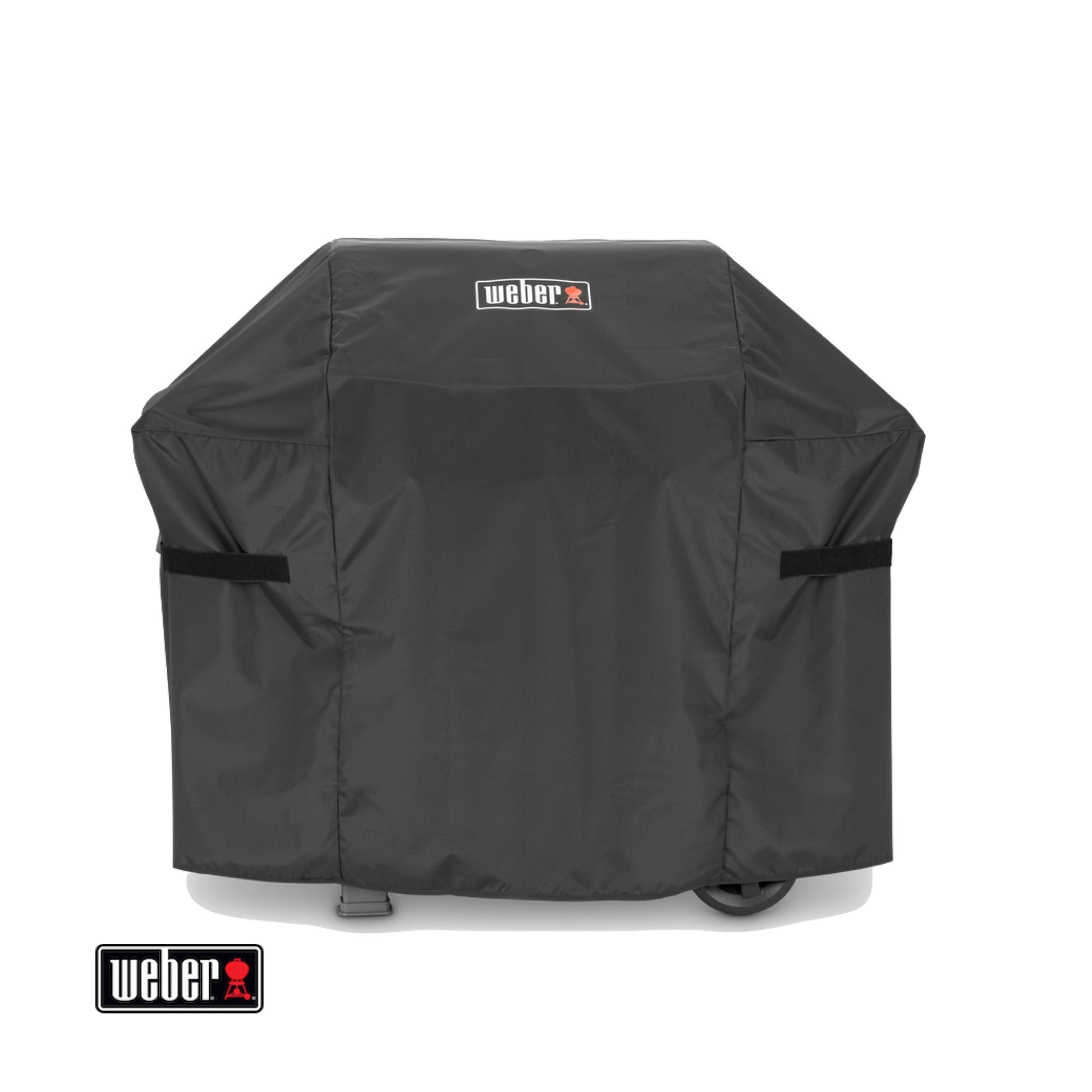 Black grill cover with Weber logo on a white background