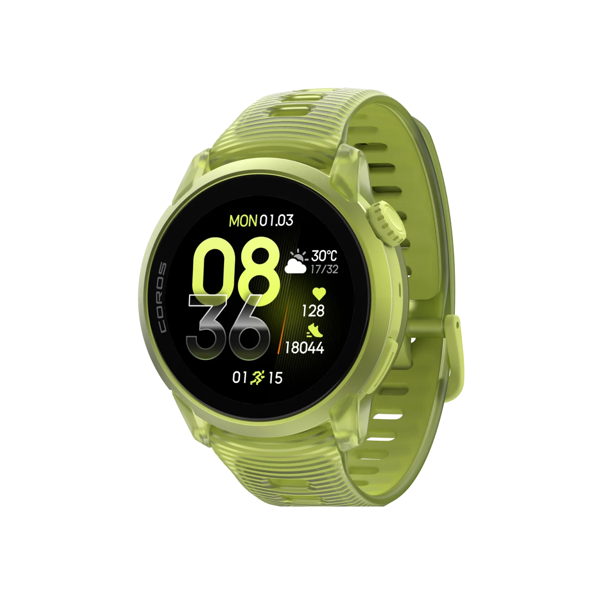 A smartwatch with a translucent olive green band and matching green bezel, featuring a black display screen with bright yellow digital time and weather details. The brand name 'codacs' is visible on the left side of the watch face.