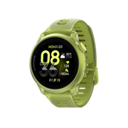 A smartwatch with a translucent olive green band and matching green bezel, featuring a black display screen with bright yellow digital time and weather details. The brand name 'codacs' is visible on the left side of the watch face.