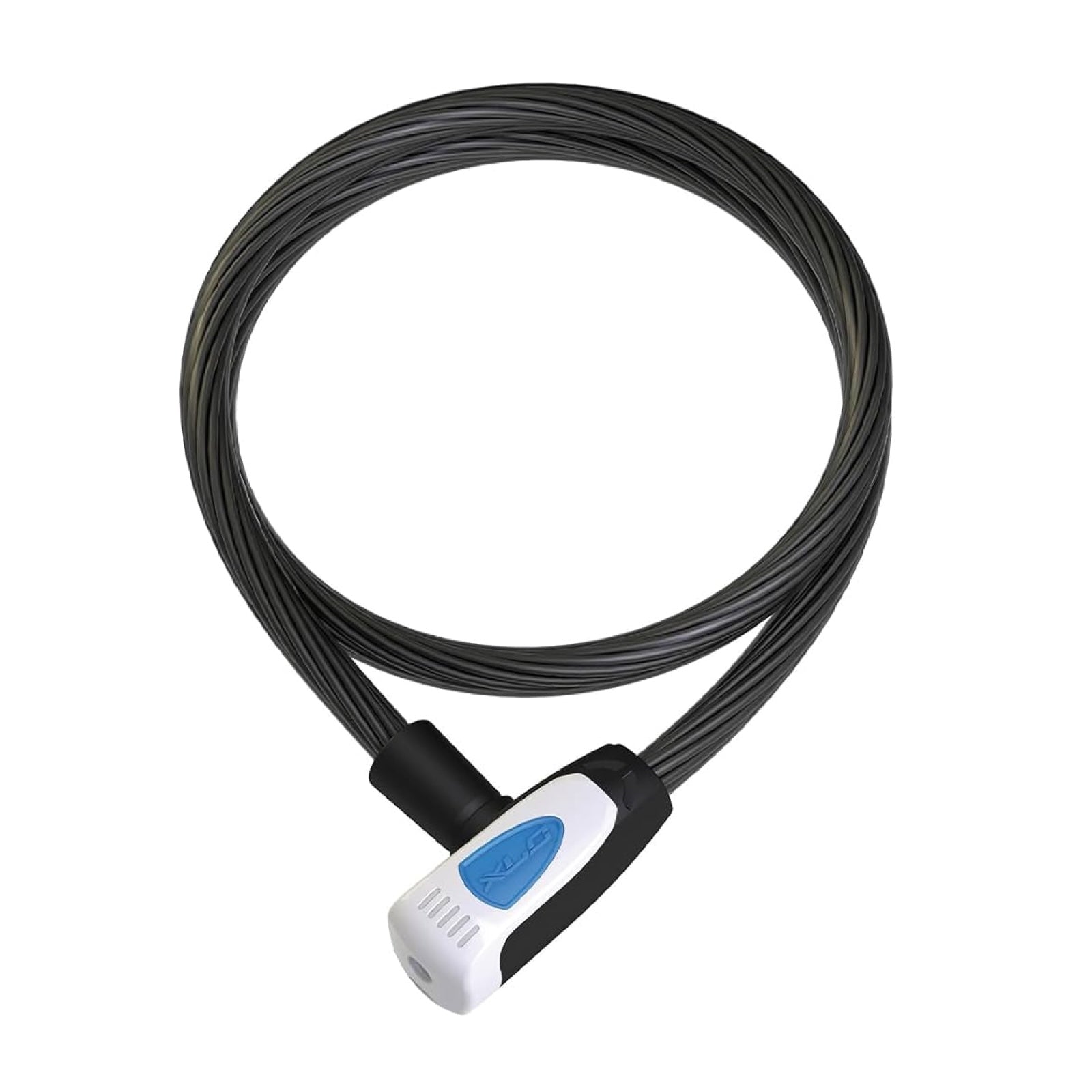 A coiled black cable lock with a white and blue plastic lock head, shown on a plain white background.