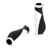 A pair of bicycle handlebar grips in black and white, shown from two angles on a clean white background. One grip is upright showing its textured surface and the other is laid down to show the end fitting.