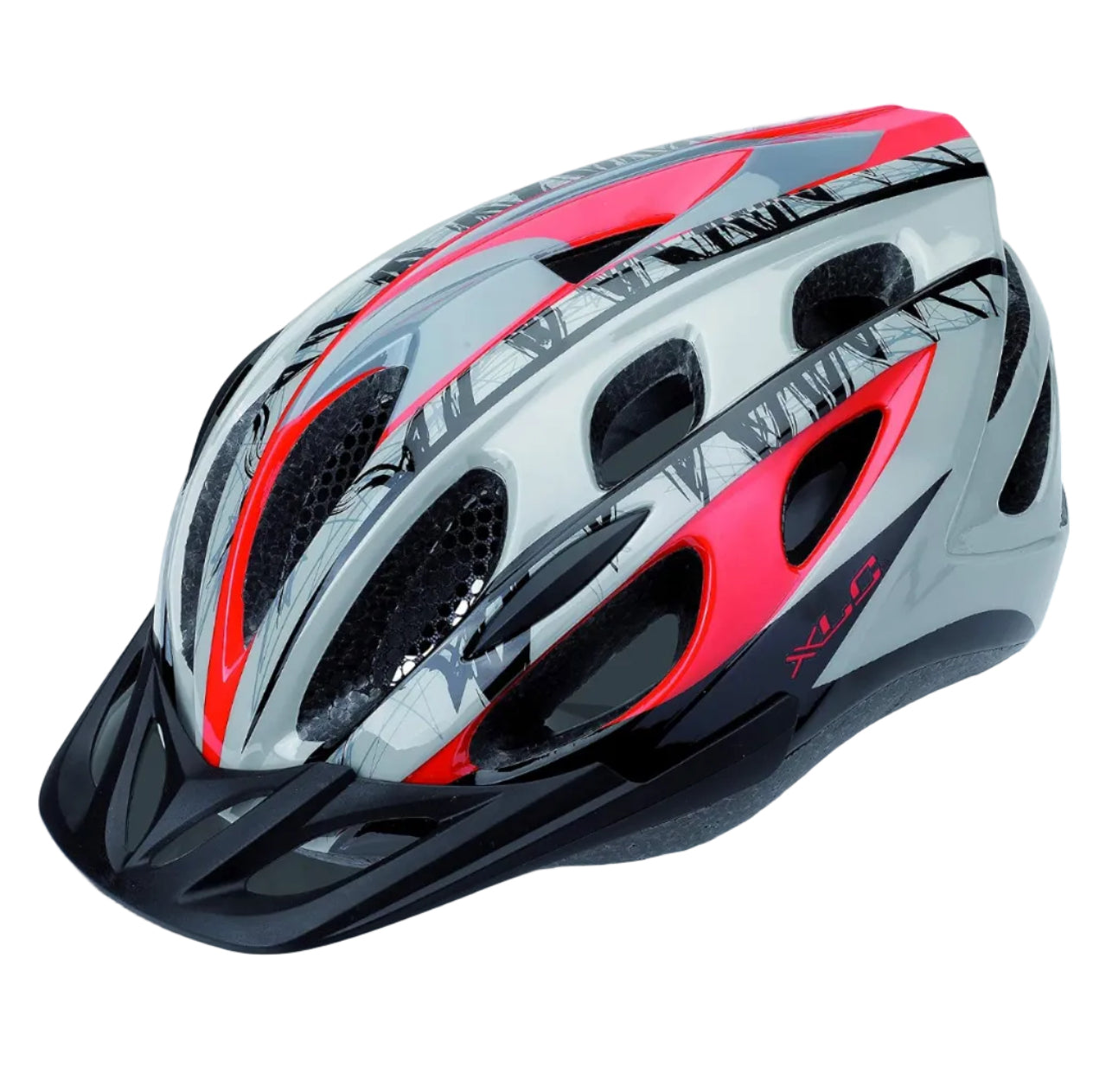 A glossy bicycle helmet with a metallic silver shell, vibrant red accents, and a black visor, shown on a clean white background.