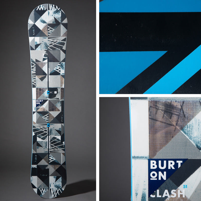 A Burton snowboard shown in a three-panel collage: full board view from the back on the left, a close-up of the black and blue baseplate design in the center, and the front with large vertical BURTON lettering on the right.