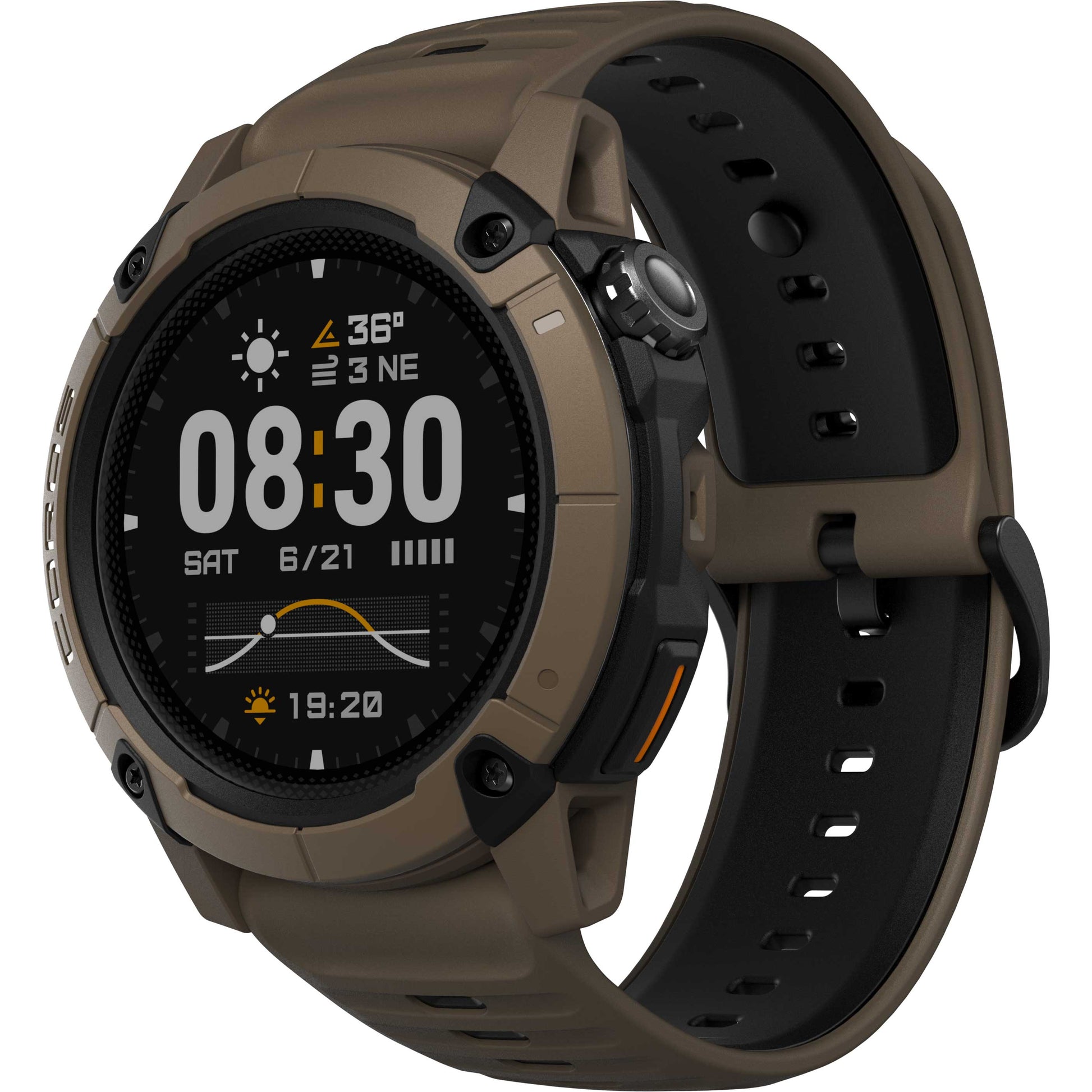 A rugged smartwatch with an olive green and black silicone strap and matching protective case, shown at a three-quarter angle on a white background.
