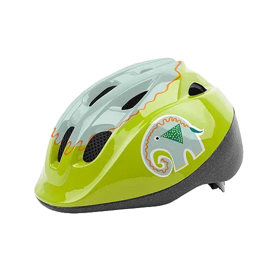 A lime green and light blue bicycle helmet with a cartoon elephant graphic on the side, shown against a plain white background.