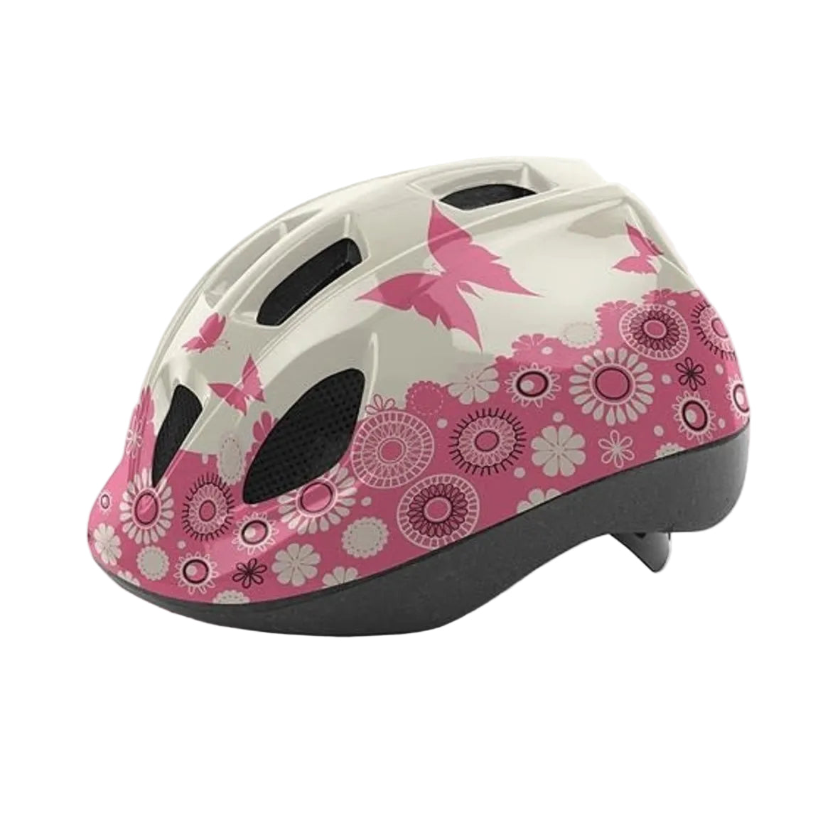 A bicycle helmet featuring a pink and white floral pattern with butterfly accents, shown on a clean white background.