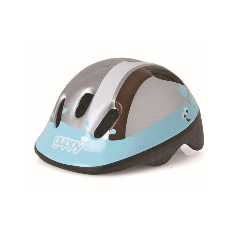 A children's bicycle helmet by Guppy, featuring a light blue and dark brown color scheme with a white stripe, shown on a plain white background.