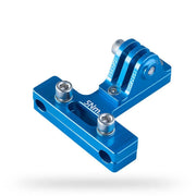 Blue metal mount with screws on a white background