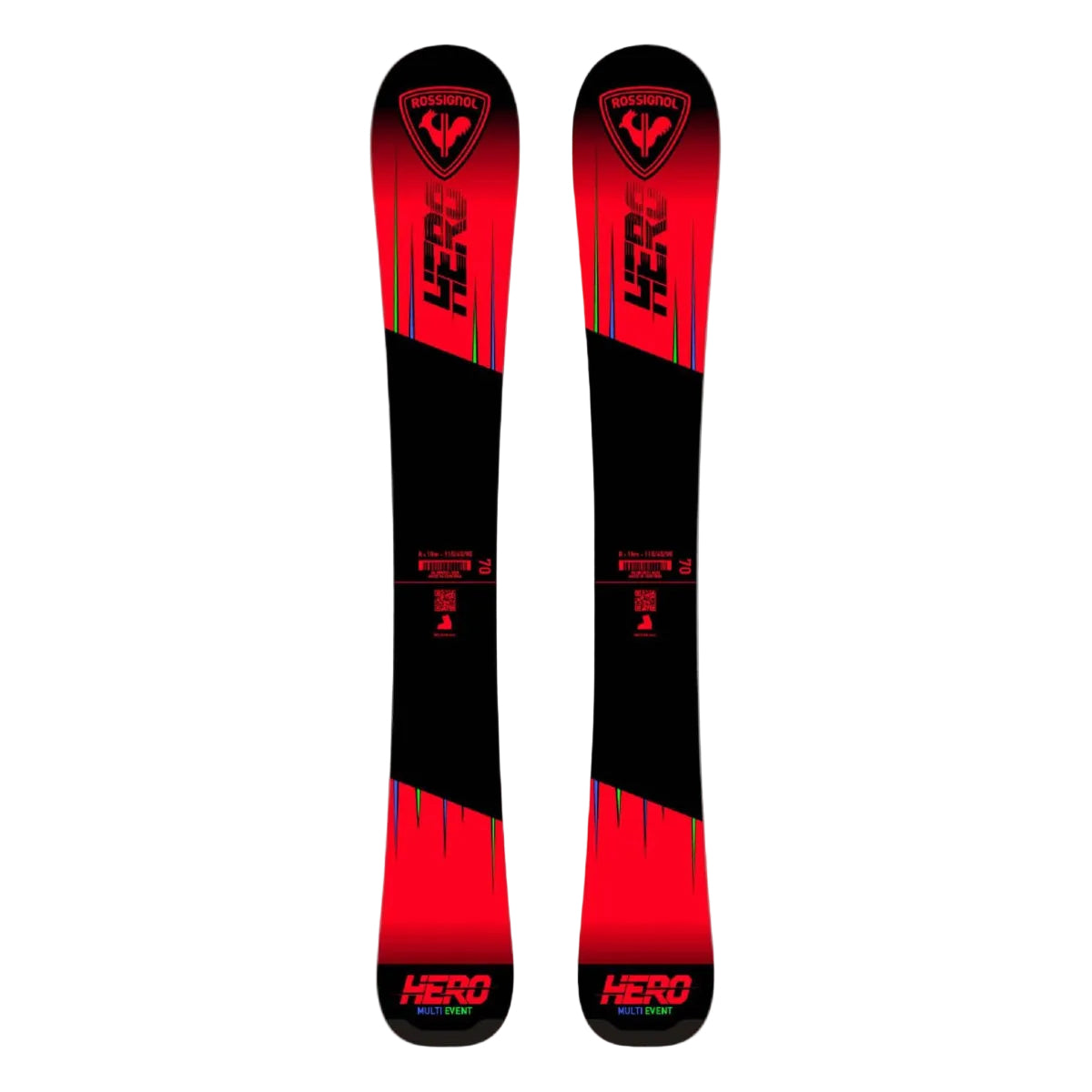 Red and black skis with 'Hero' branding on a white background